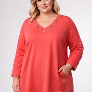 Quacker Factory Coral Rhinestone Grommet V-Neck Tunic Top Plus Size 3X Pockets